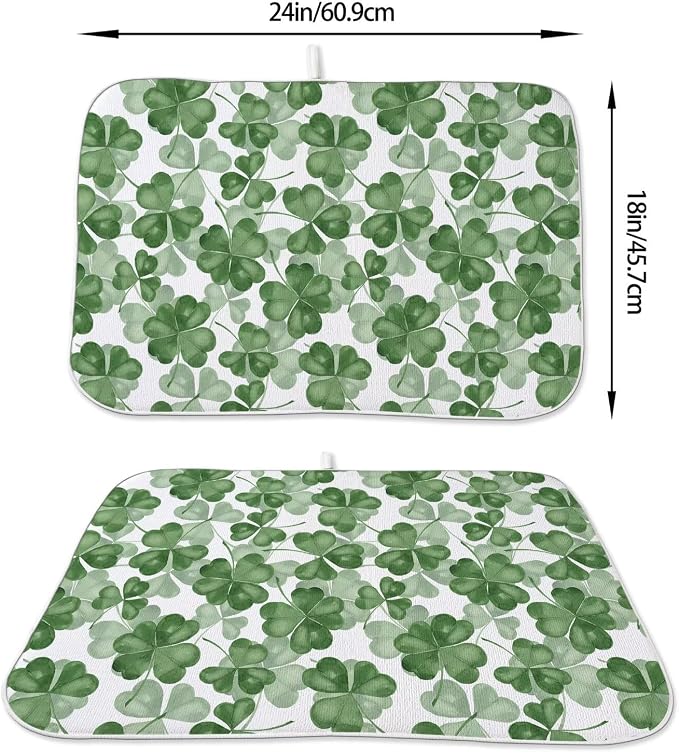 St Patricks Day Dish Drying Mat 18 x 24 inch Dark Green Clover Print Decorative - Image 2