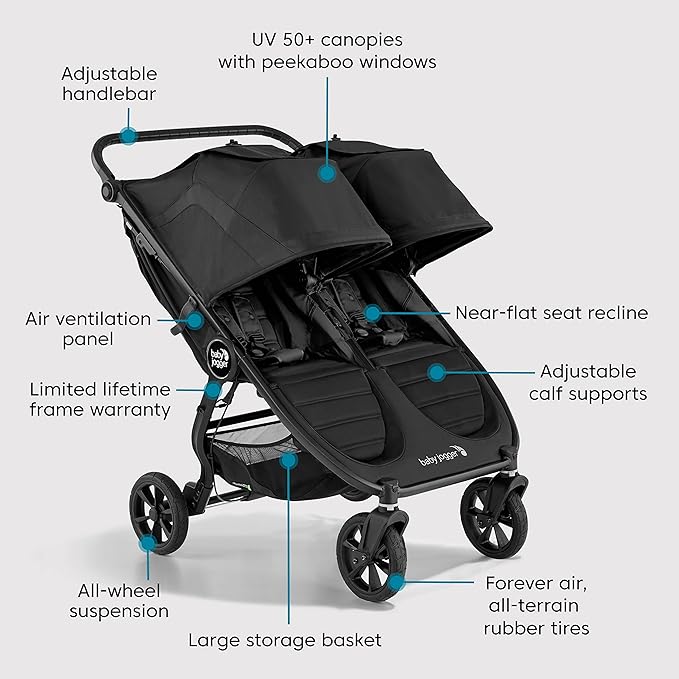 Baby Jogger City Mini GT2 All-Terrain Double Stroller with Forever Air Rubber Tires and All-Wheel Suspension Pike Exclusive Includes Belly Bars Leatherette Handlebar and Premium Fabric