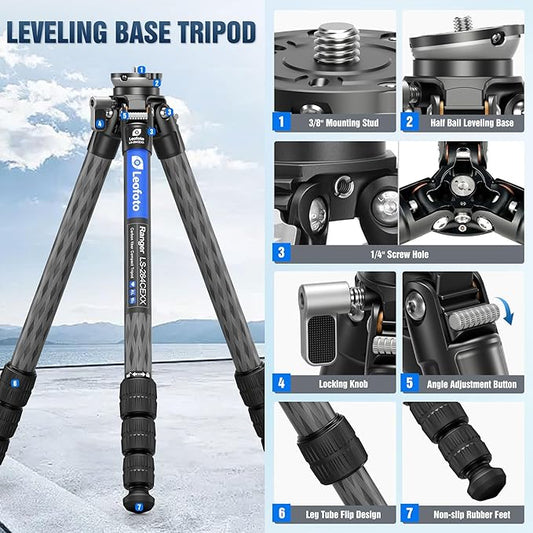 LEOFOTO LS-284CEXX Carbon Fiber Tripod with Leveling Base for Camera, 360° Portable Tripod with 3/8" Screw for Sport Camera/Phone Holder/Projector, A Bubble Level, Folded Length 21.06", Max Load 22LB