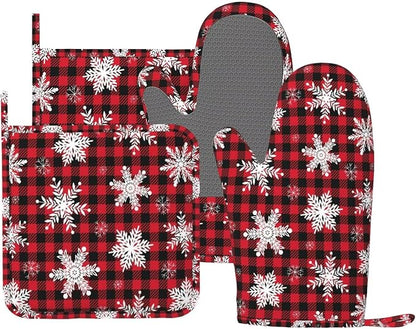 Red Black Buffalo Plaid Oven Mitts and Pot Holders Set by Unknown