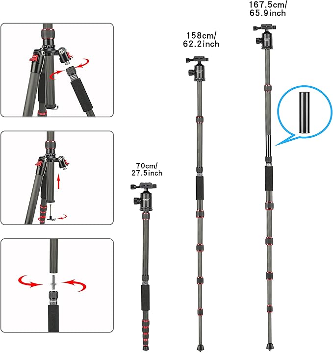 BONFOTO B690C Lightweight Carbon Fiber Portable Tripod Compact Travel Camera Tripod Monopod with 360 Degree Ball Head,1/4" Quick Release Plate and Carry Bag for DSLR Cameras