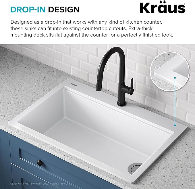 KRAUS Bellucci Workstation 33 in. Drop In Single Bowl Granite Kitchen Sink in White with Accessories, KGTW1-33WH