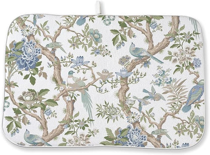 Blue Green Dish Drying Mat 18x24 Inch Chinoiserie Vintage Floral Bird Drying by DAFENA