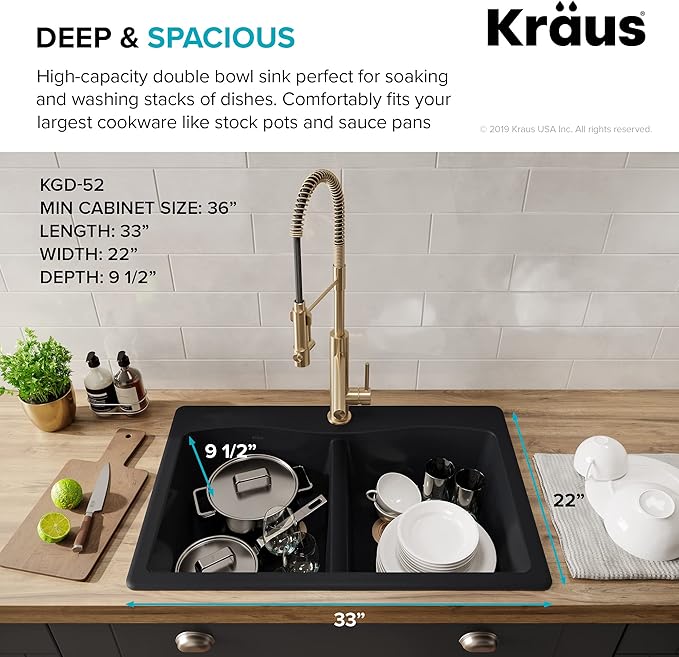 KRAUS Forteza 33-inch Drop in/Undermount 50/50 Double Bowl Granite Kitchen Sink in Black, KGD-52BLACK