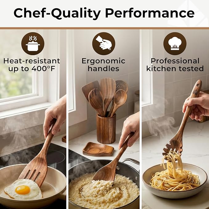 Wooden Utensil Set 8 Pcs – Sturdy & Easy to Clean, Natural Teak Wooden Spoons - Image 5