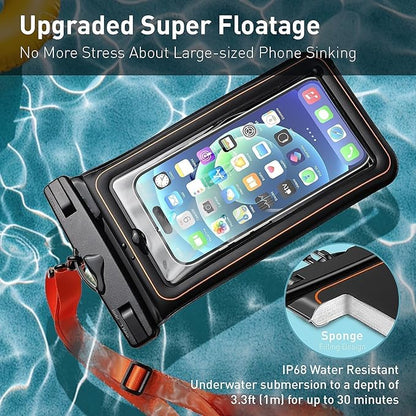 Marine IP68 Universal Waterproof Phone Pouch, Floating Waterproof Phone Case for Cellphone Up to 7", Beach Accessories for Vacation Must Haves, 2 Pack-Black/Hi-Vis Orange