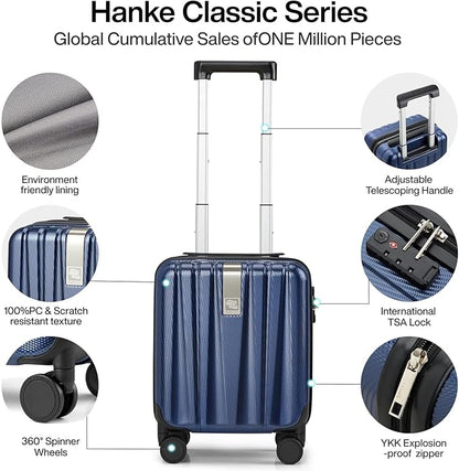 Hanke 14 Inch Underseat Carry On Luggage with Wheels Hard Shell Suitcases Lightweight Small Luggage for Weekender Mini Suitcase Carry On Bag Travel Luggage Christmas Gifts for Birthday (Dark Blue)