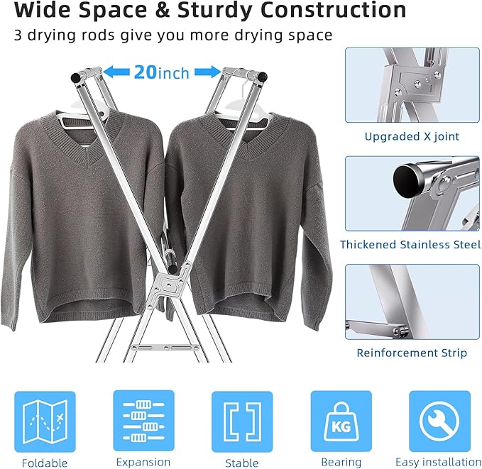 funest Drying Rack Clothing, 79 Inches Adjustble & Foldable Laundry Drying Rack, Heavy Duty Stainless Steel Clothes Drying Rack with 20 Hooks, 12 Clips, Suitable for Indoor, Outdoor and Balcony