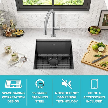 KRAUS Kore Workstation 17-inch Undermount 16 Gauge Black Stainless Kitchen Sink, Single Bowl Kitchen Sink in PVD Gunmetal Finish with Accessories, KWU1101-17-PGM