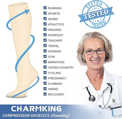 CHARMKING Compression Socks for Women & Men Circulation (3 Pairs) 15-20 mmHg is Best Support for Athletic Running Cycling