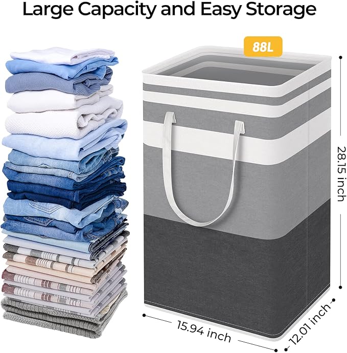 HomeHacks 2 Pack Large Laundry Baskets, Waterproof, Freestanding Laundry Hampers, Collapsible Clothes Hamper with Reinforced Handles in Laundry, College Dorm, Bathroom, Bedroom (Grey+Blue, 88Lx2)