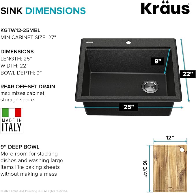 KRAUS Bellucci 25-inch Granite Workstation Drop In Top Mount Single Bowl Kitchen Sink in Metallic Black with Accessories, KGTW12-25MBL