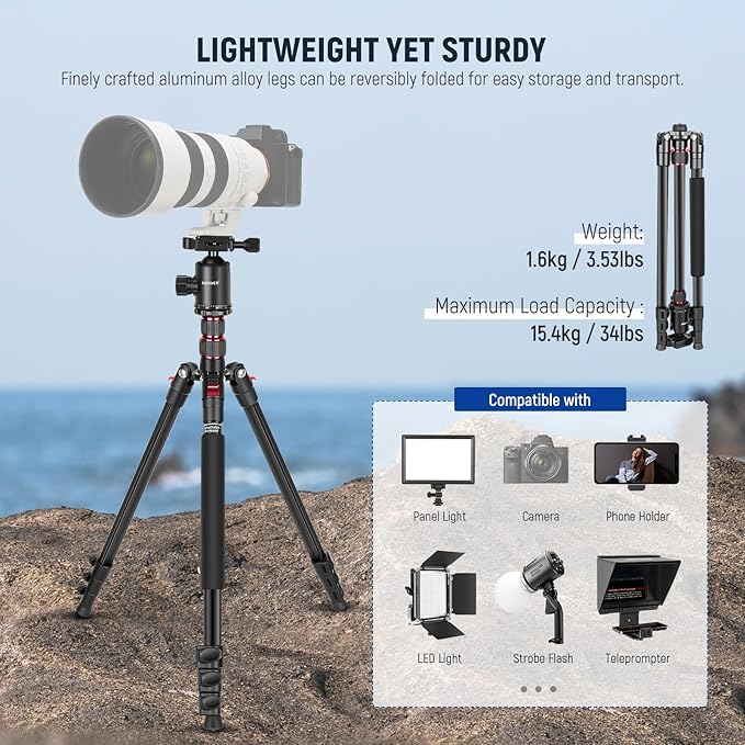NEEWER 77" Camera Tripod Monopod with Cell Phone Holder Compatible with iPhone for Video Recording, Compact Aluminum Lightweight Travel Stand with Ball Head QR Plate Bag Cleaning Cloth, Max Load 34lbs
