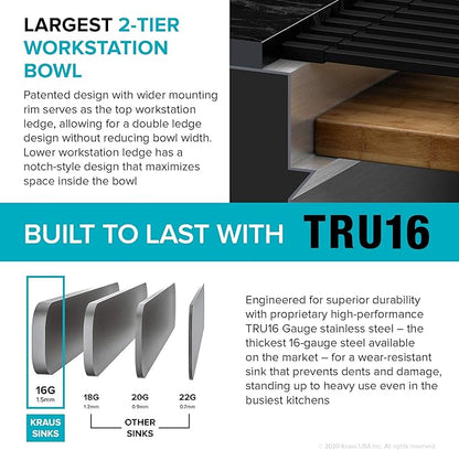 KRAUS Kore 57-inch Undermount Workstation 16 Gauge Single Bowl Stainless Steel Kitchen Sink with 10 Accessories, KWU210-57