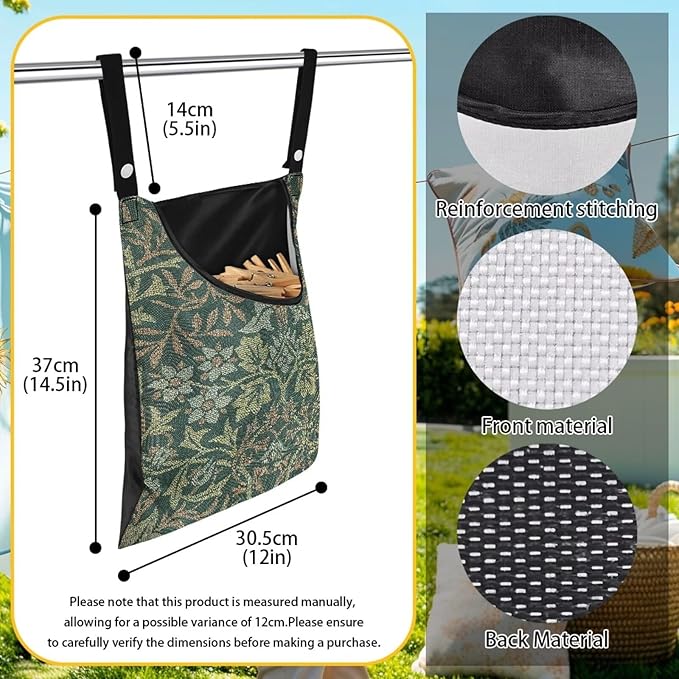 Jumbo Clothespin Organizer Bag 14.5x12 Inches - Extra Wide Access Opening - Industrial Strength Hanging Storage for Home & Commercial Laundry Use William Morris Flower Print