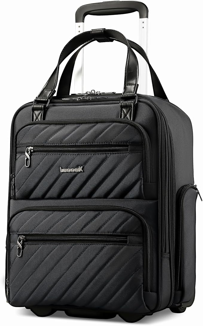 LUGGEX Underseat Carry On Luggage with Wheels, Stylish Lightweight Under Seat Luggage, Soft Sided Personal Item Suitcase for Short Trip (All Black, 16 Inch)