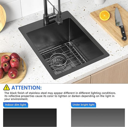 15x20 Drop In Bar Sink Black, 15 Inch Gunmetal Black Wet Bar Sink 18 Gauge Single Bowl Topmount Stainless Steel Small Kitchen Sink with Basket Strainer Drain & Bottom Grid
