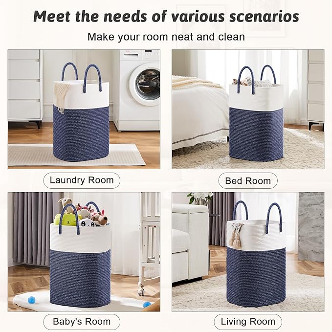 Laundry Basket,Woven Cotton Rope Laundry Hamper,Versatile Storage for Dirty Clothes,Baby Toys,and Blankets in Bathroom, Nursery,and Living Room (Blue, 60L)
