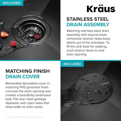 KRAUS Kore 21 Inch Undermount Workstation 16 Gauge Stainless Steel Single Bowl Kitchen Sink n PVD Gunmetal Finish with Accessories, KWU1101-21-PGM