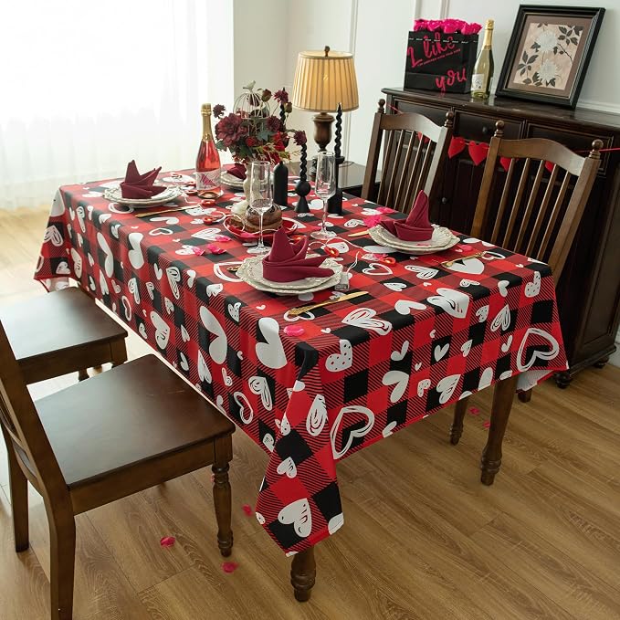 Red Gingham Plaid Love Heart Tablecloth - Image 5