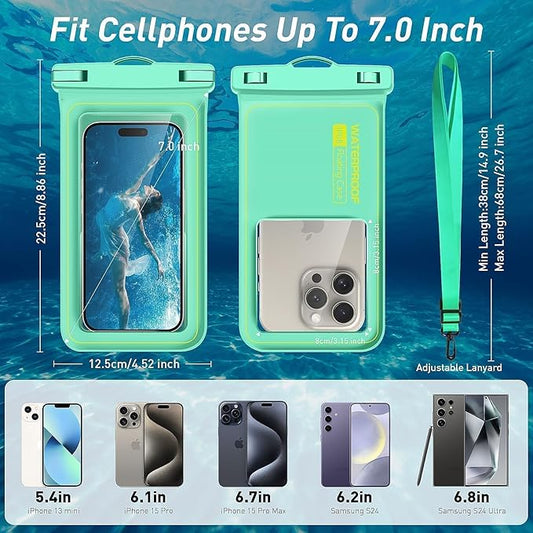 Marine IP68 Waterproof Phone Pouch, Floating Waterproof Phone Dry Bag Compatible with iPhone 16/15 Pro Max/ 14 Pro Max/ 13 Pro Max/ 12/ S24 Up to 7", Detachable Lanyard, 1 Pack- Green
