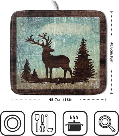 Giwawa Retro Deer Forest Cabin Silhouette Dish Drying Mat Countertop 16x18 Fall - Image 2