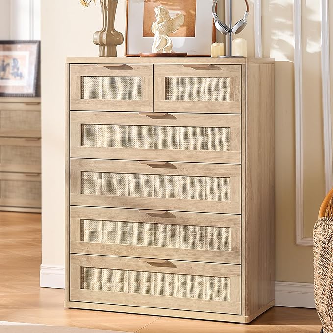 LEYAOYAO Rattan Dresser for Bedroom Set of 2, 42" Tall Chest of Drawers, Modern 6 Drawers Boho Dressers with Storage, Light Oak Dresser Wooden Closet Organizer for Living Room, Hallway, Natural Wood