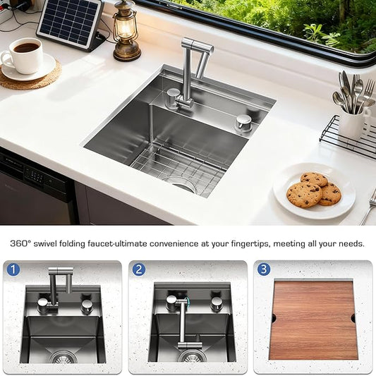 RV Sink 13x15x9, Compact Workstation Bar Sink with Foldable Faucet, Cutting Board & Stainless Steel Grid, Undermount Single Bowl Camper Sink
