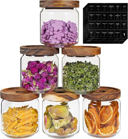 Small Glass Jars with Labels Spice Jar Round Storage Canister with Wooden Lid by Patoper