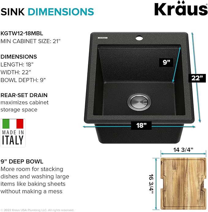 KRAUS Bellucci 18-inch Granite Workstation Drop In Top Mount Single Bowl Kitchen Sink in Metallic Black with Accessories, KGTW12-18MBL