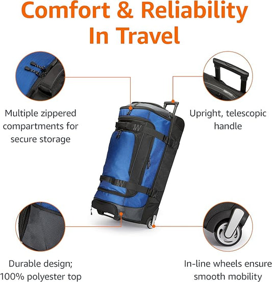 Amazon Basics 35-Inch Large Rolling Duffle Bag with Wheels and Handle, Travel Duffle Bag with Durable Ripstop Polyester Material, 2 Layers of Space, Multiple Interior and Exterior Pockets, Blue