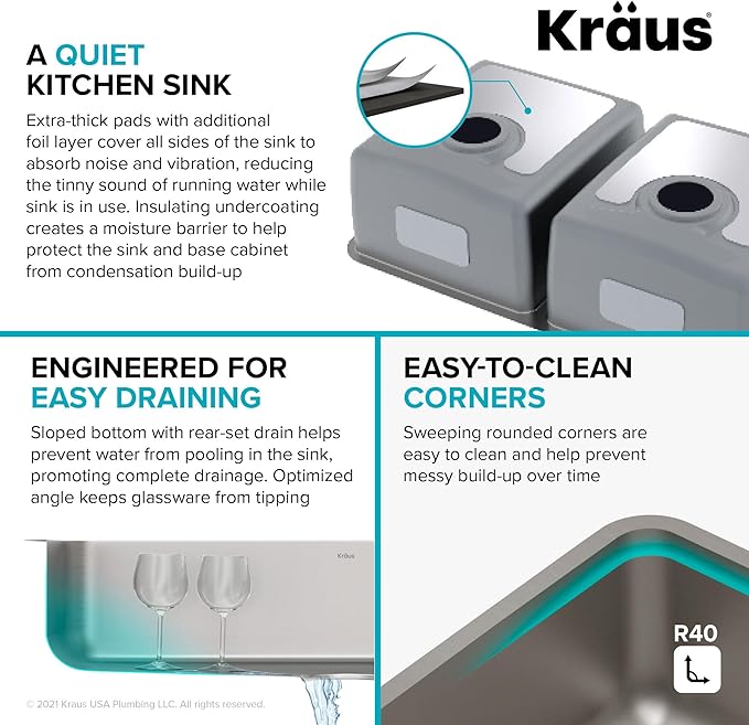 KRAUS Dex 33-Inch Undermount 50/50 Double Bowl TRU16 Gauge Stainless Steel Kitchen Sink with DrainAssure WaterWay and VersiDrain Assembly in Radiant Pearl Finish, KD1UD33B