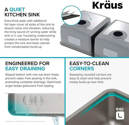 KRAUS Dex 33-Inch Undermount 50/50 Double Bowl TRU16 Gauge Stainless Steel Kitchen Sink with DrainAssure WaterWay and VersiDrain Assembly in Radiant Pearl Finish, KD1UD33B