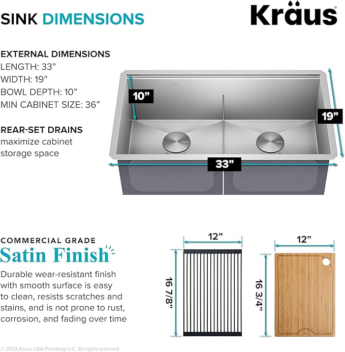KRAUS Kore 33-Inch Undermount Workstation 16 Gauge Double Bowl Stainless Steel Kitchen Sink with Accessories, KWU112-33