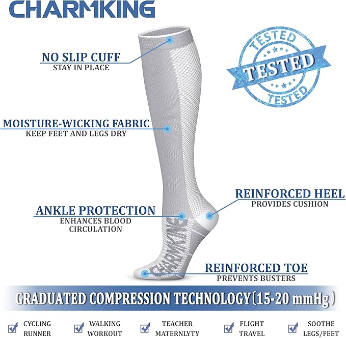 CHARMKING Compression Socks for Women & Men Circulation (3 Pairs) 15-20 mmHg is Best Support for Athletic Running Cycling