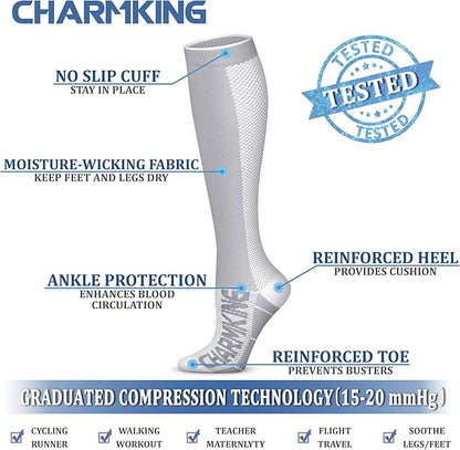 CHARMKING Compression Socks for Women & Men Circulation (3 Pairs) 15-20 mmHg is Best Support for Athletic Running Cycling