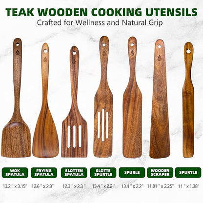 7 PCS Wooden Spatula for Cooking, Natural Teak Wooden Utensil Set, Non-Toxic - Image 2