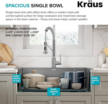 KRAUS Forteza 33-inch Drop In/Undermount Single Bowl Granite Kitchen Sink in Grey, KGD-54GREY