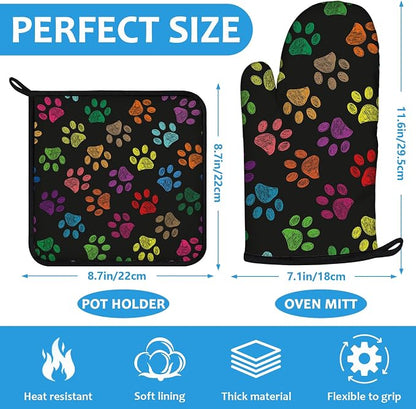 Colorful Paw Print Oven Mitts and Pot Holders Sets Heat Resistant 4Pcs - Image 2