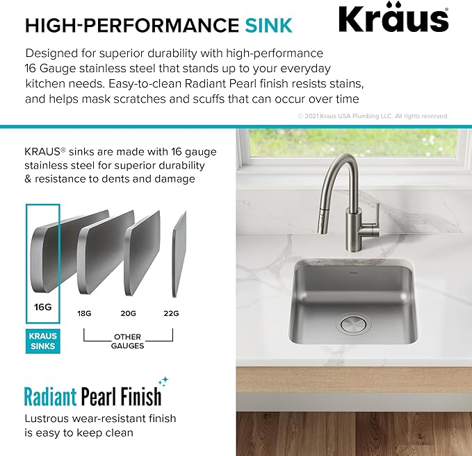KRAUS Dex 17-inch Undermount 16 Gauge Stainless Steel Single Bowl ADA Kitchen Sink, KA1AS17B