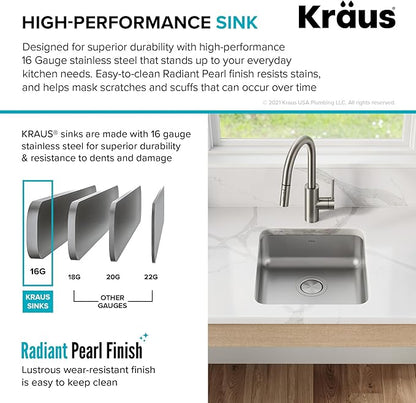 KRAUS Dex 17-inch Undermount 16 Gauge Stainless Steel Single Bowl ADA Kitchen Sink, KA1AS17B
