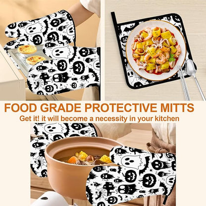 Halloween Ghost Pumpkin Pattern Oven Gloves and Hot Pads Set - Image 5