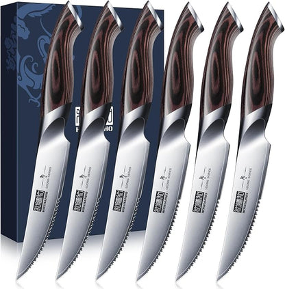 HOSHANHO Steak Knives Set of 6, Ultra Sharp 4.5 Inch Serrated Steak Knife Set by HOSHANHO