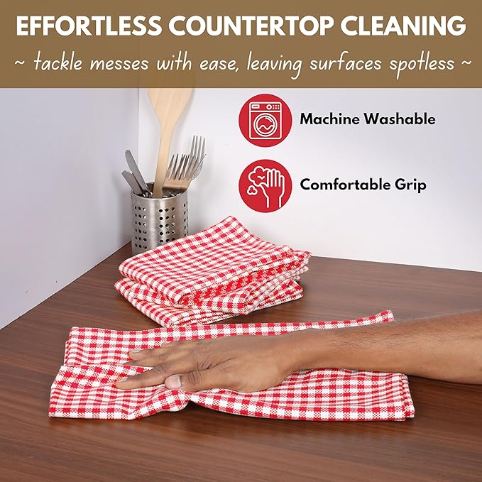 Native Fab Gingham Cotton Kitchen Towel 4 Pack 16"x26" - Absorbent Tea Linen Towels, Dish Cloths, Restaurant Cleaning Towel, Dish Towels with Hanging Loop, Red White