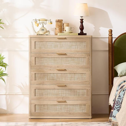LEYAOYAO Rattan Dresser for Bedroom Set 2, Modern 5 Drawers Boho Dressers - Image 6