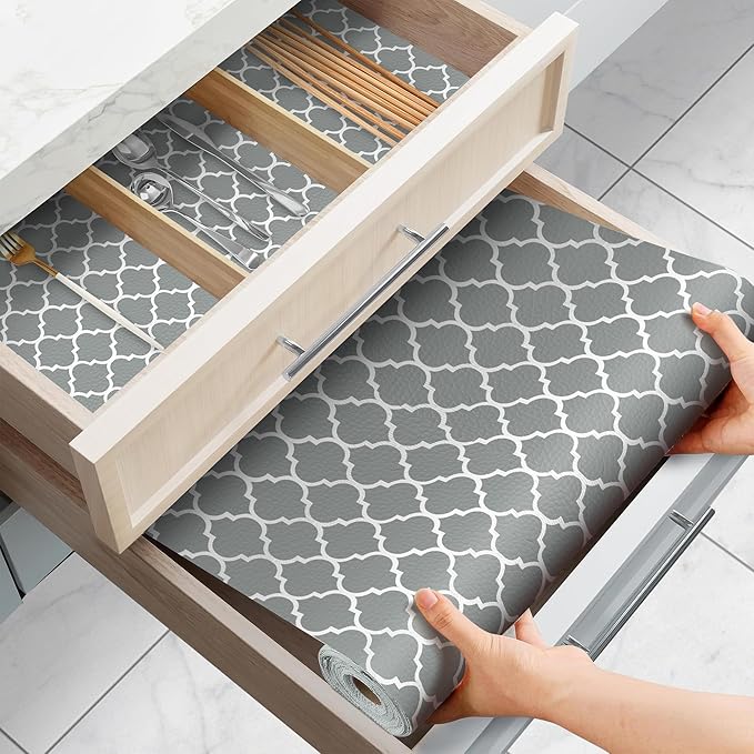 Drawer and Shelf Liner for Kitchen Cabinets Non-Adhesive, Non-Slip Cabinet Liner Shelf Paper Strong Grip Waterproof Easy to Clean for Kitchen Shelves Cupboard, Gray Lantern,12IN X 20FT