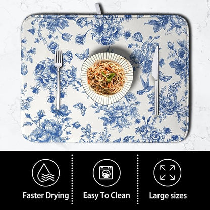 Dish Drying Mat for Kitchen Counter Blue and White Floral Drying Mats - Image 4