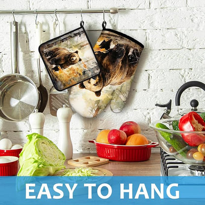 Watercolor Brown Bear Oven Mitts and Pot Holders Sets Heat Resistant 4Pcs - Image 4