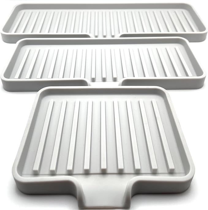 Happitasa Silicone Soap Dish Tray and Sponge Holder with Drain Chute, Pack of 2 | Bathroom and Kitchen Sink Organizer Caddy (Light Grey, 5.2"x4", 7.2 Ounces)