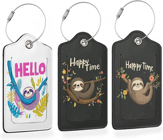 Colorful Sloth Hello 3 Pack Luggage Tags for Suitcases, Happy Sloth Hanging PU Leather Luggage Tag for Travel, Bag Tags with Privacy Name ID Card and Steel Loop for Women Men